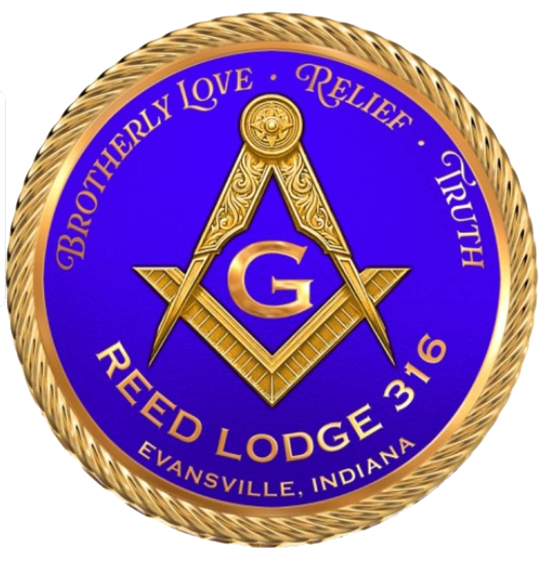 Reed Lodge 316 logo featuring a golden Masonic compass and square with the letter 'G' on a blue background. Surrounding the compass are the words 'Brotherly Love,' 'Relief,' and 'Truth,' and beneath it is the text 'Reed Lodge 316, Evansville, Indiana,' enclosed in a gold rope-like border.